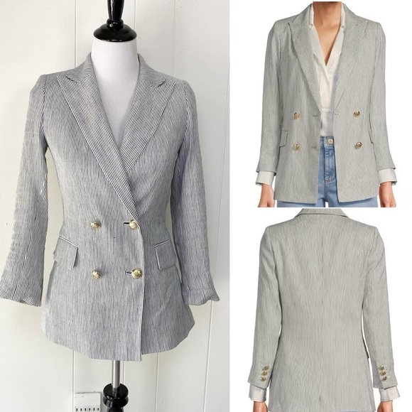 Antonio Melani Riviera Linen Blend Blazer Jacket Sz 0 Striped Blue Preppy Summer - Picture 1 of 16
